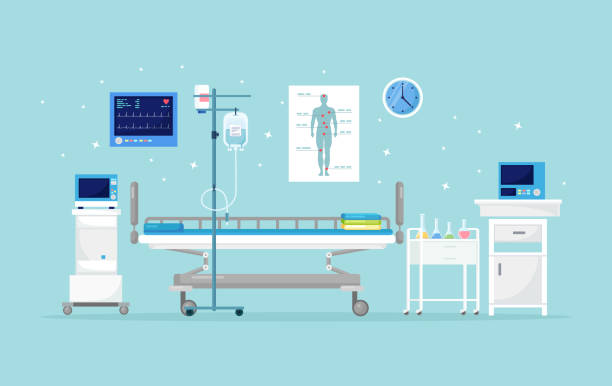 ilustrações de stock, clip art, desenhos animados e ícones de hospital ward for patient. interior of intensive therapy room with bed. vector illustration - bed bedroom cartoon furniture