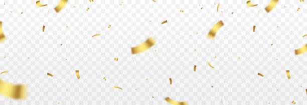vektor konfetti png. goldkonfetti fällt vom himmel. glitzerndekonfetti auf transparentem hintergrund. urlaub, geburtstag. - konfetti stock-grafiken, -clipart, -cartoons und -symbole