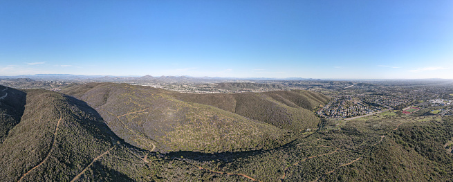 Aerial panoramic view of Black Mountain and Carmel Mountain neighborhood. San Diego County, California.