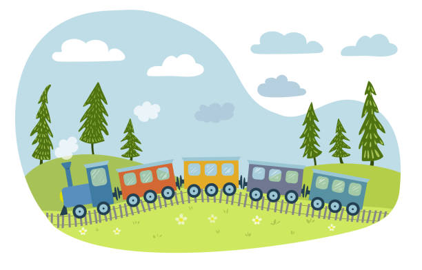 ilustrações de stock, clip art, desenhos animados e ícones de a cute colorful train goes through the fields. illustration for children in hand drawn style. vector flat illustration. - cartoon train