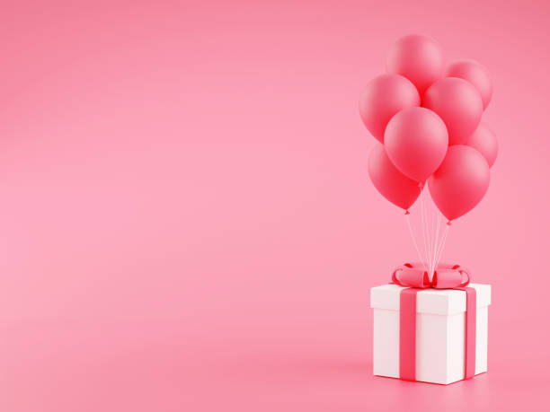 istock Gift box with balloons 3d render illustration - present package with bunch of flying balloons on pink pastel background. 1312175712