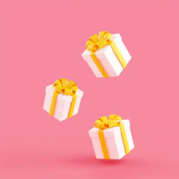 Falling gift boxes 3d render illustration. White wrapped present packages with yellow ribbons and bows fall down on pink background for birthday or anniversary congratulation.