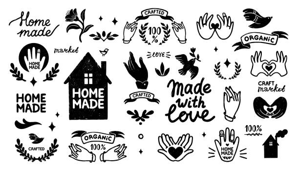 hausgemachte vektor-icons-set - vintage-elemente im stempel-stil und hausgemachte nanfangschreiben mit niedlichen haus silhouette. vintage vektor-illustration für banner und label-design - homemade stock-grafiken, -clipart, -cartoons und -symbole