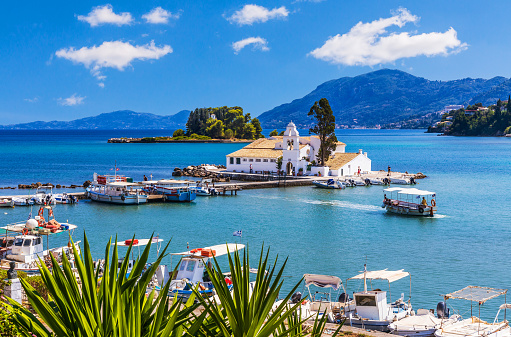 Corfu, Greece. Vista of picturesque Vlacherna Monastery.