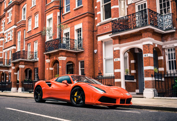 Ferrari 488 A Ferrari supercar parked on a side street in Central London mann stock pictures, royalty-free photos & images