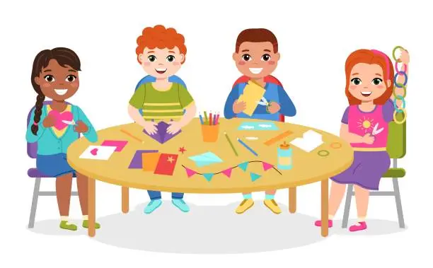 Vector illustration of Kids paper craft. Boys and girls cut colored paper figures at round table, make applications, origami flags and chains garlands. Children art hobby and interest group vector cartoon concept