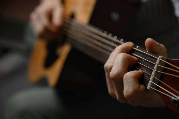 istock Man playing acoustic guitar, cover for online courses, learning at home. 1312179617