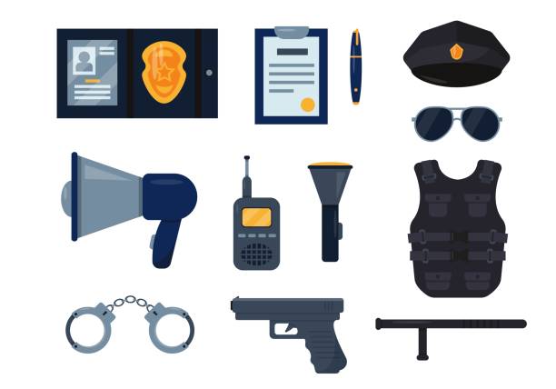 ilustrações, clipart, desenhos animados e ícones de equipamento policial. elementos para policiais - crime flashlight detective symbol