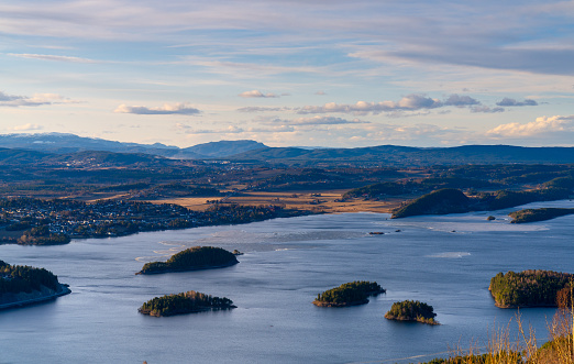 Steinsfjorden, a branch of Lake Tyrifjorden located in Buskerud, Norway. View from Kongens Utsikt (Royal View)