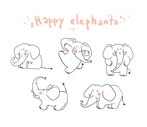 Vector illustration of little happy elephats playing vector line illustration