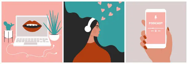 Vector illustration of Podcast concept set. Mouth speaking from a screen on a laptop. Young beautiful girl enjoying audio in headphones. Hand holding a smartphone with a media application.