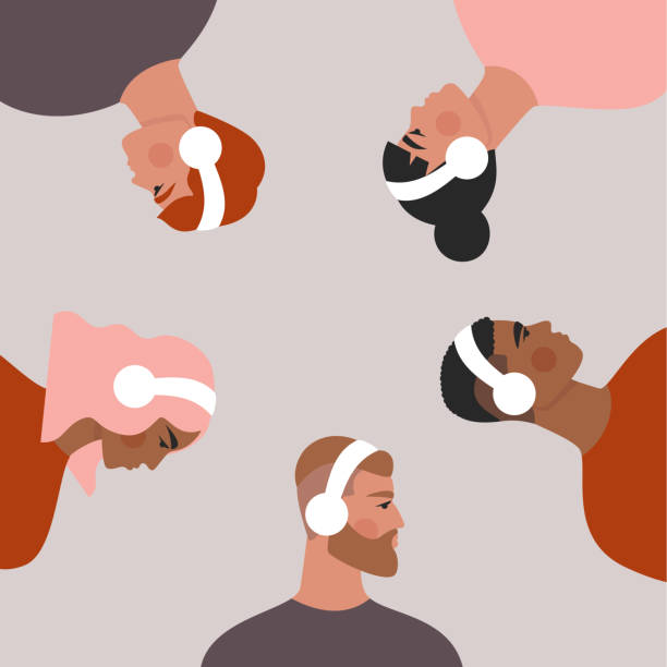 People in headphones, listeners. Set of men and women listening to music, podcast, audio, radio. Diverse group of young people drawn in trendy style Isolated flat vector illustration. podcasting illustrations stock illustrations