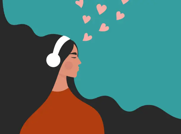 Vector illustration of Beautiful young girl in headphones listening to music, radio, podcast or audio book. Melomaniac, music lover. Woman enjoying her favorite songs.