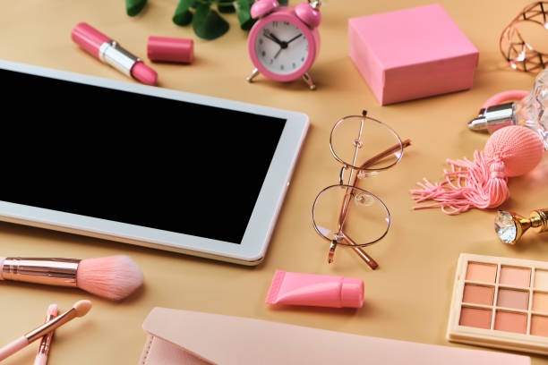 istock Flat lay, top view pink modern office table desk. 1312184100