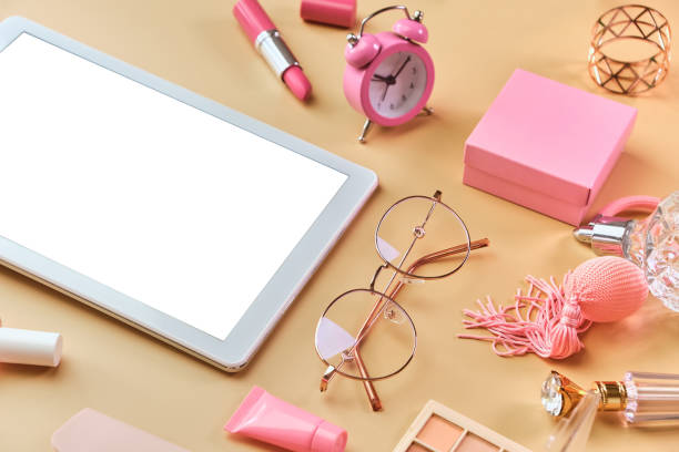 istock Flat lay, top view pink modern office table desk. 1312184138