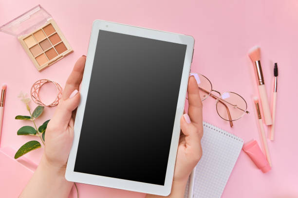 istock Flat lay, top view pink modern office table desk. 1312184272