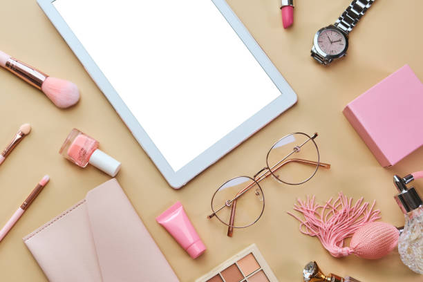 istock Flat lay, top view pink modern office table desk. 1312184282