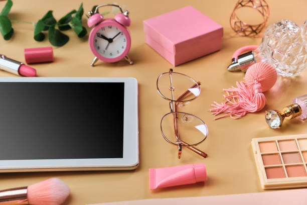 istock Flat lay, top view pink modern office table desk. 1312185150
