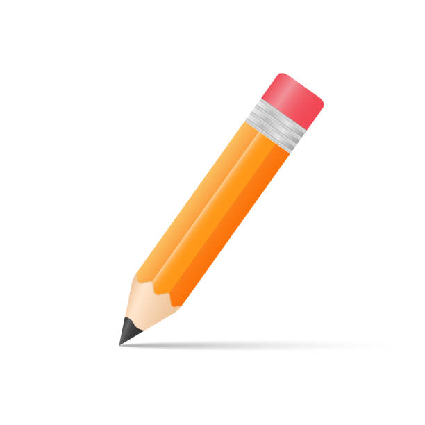illustrations, cliparts, dessins animés et icônes de crayon jaune réaliste avec la gomme rouge inclinée avec l’ombre. crayon aiguisé avec sur le fond blanc. illustration vectorielle. bpa-10 - pencil