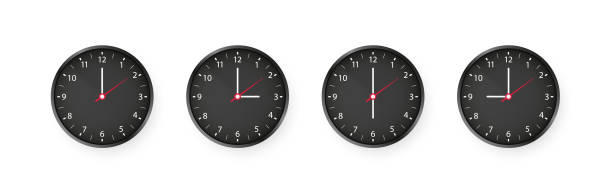 istock Set of round clocks showing various time. Simple classic round wall clock isolated on white background. Set of analog wall clocks with black frame and white hands. Vector Illustration 1312185266