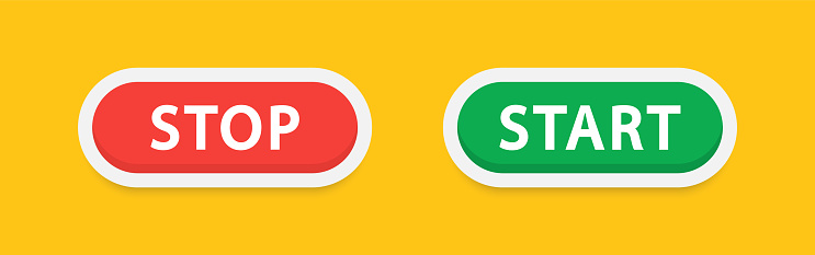 Start and stop buttons. Web buttons isolated on yellow background. Green and red buttons. Press button icon vector. Vector illustration. EPS 10