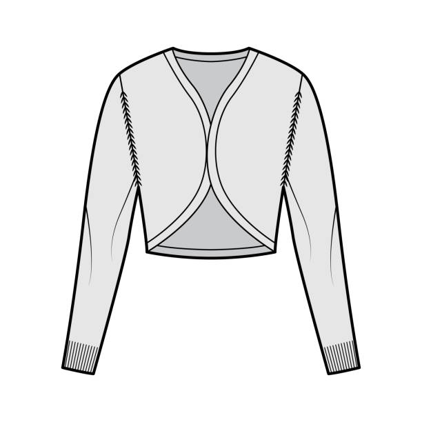 illustrazioni stock, clip art, cartoni animati e icone di tendenza di shrug bolero cardigan illustrazione di moda tecnica con scollo a v, maniche lunghe, vestibilità slim, lunghezza del raccolto, rifiniture in costola in maglia - costole corte