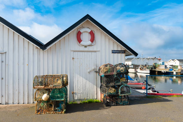 Lobster traps at idyllic marina. Gothenburg southern archipelago.