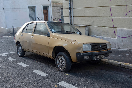 Marseille, France - 2nd December, 2019: Old Renault 14 parked on a street. This model was a popular hatchback car in late 70s and 80s in France.