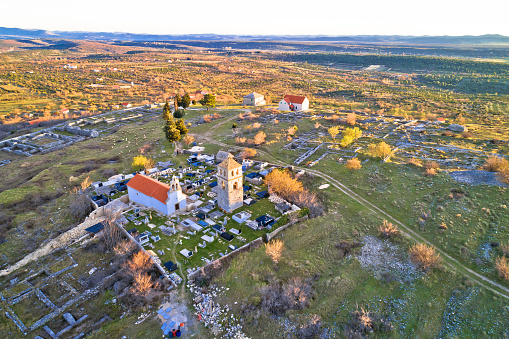 Aerial view of Bribirska Glavica historic town on the hill ruins, Dalmatia Hinterland region of Croatia