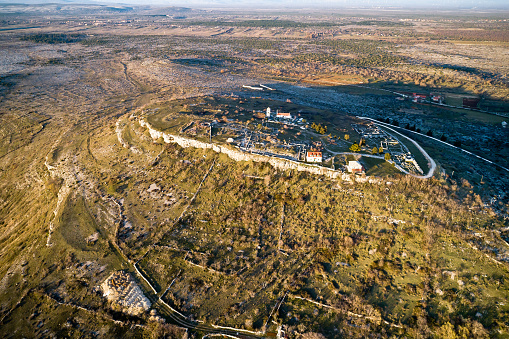 Aerial view of Bribirska Glavica historic town on the hill ruins, Dalmatia Hinterland region of Croatia