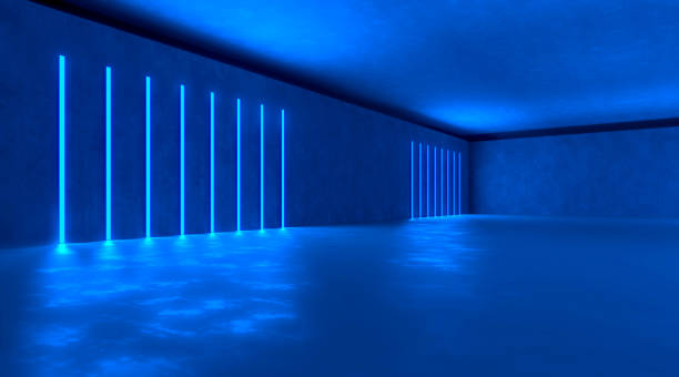 istock Dark underground space illuminated by blue neon lights 1312193962