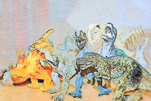 This is my Photographic Image of my child's Dinosaur Collection in a Watercolour Effect. Because sometimes you might want a more illustrative image for an organic look.