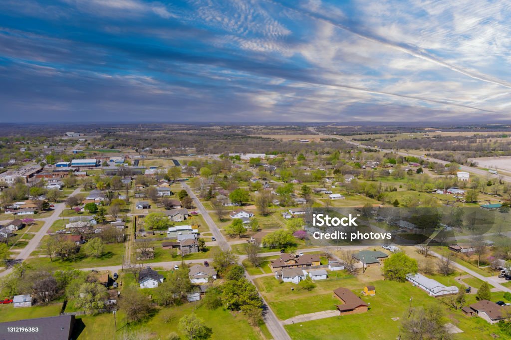 Aerial view panorama of a Stroud small town city of residential district at suburban development with an Oklahoma USA Aerial view panorama of a Stroud small town city of residential district at suburban development with an Oklahoma US Oklahoma Stock Photo