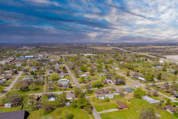 Aerial view panorama of a Stroud small town city of residential district at suburban development with an Oklahoma USA Aerial view panorama of a Stroud small town city of residential district at suburban development with an Oklahoma US oklahoma stock pictures, royalty-free photos & images
