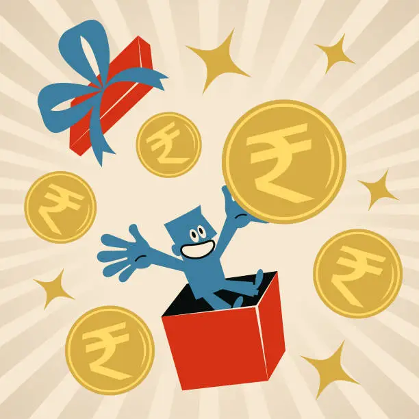 Vector illustration of Smiling generous man turning up from an open gift box and sending lots of Indian Rupee currency