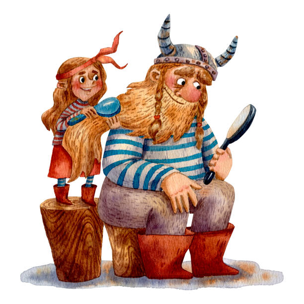 Cartoon illustration of viking family. Portrait of big man and little girl. Gray cloth. Ancient scandinavian people. Cute cartoon characters. Father's day card. Father and daughter. Cartoon illustration of viking family. Portrait of big man and little girl. Gray cloth. Ancient scandinavian people. Cute cartoon characters. Father's day card. Father and daughter. funny fathers day stock illustrations