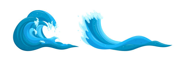 Flooing water elements. Ocean tsunami waves set. Cartoon vector illustrations Flooing water elements. Ocean tsunami waves set. Cartoon vector illustrations isolated on white background coil tubing stock illustrations
