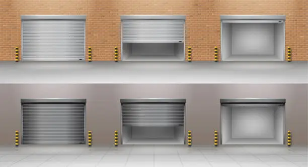 Vector illustration of Roller garage gates set. Realistic garage doors on brick and concrete wall with shutter technology