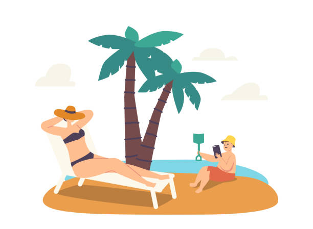 istock Female Character Lost Phone Concept. Relaxed Woman Tanning on Chaise Longue while her Little Child Play with Smartphone 1312203225