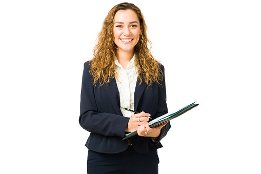 Pretty businesswoman feeling happy and excited because she did a good business deal and work contract. Professional woman signing documents