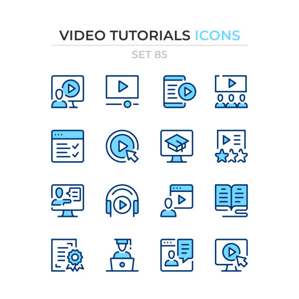 ilustraciones, imágenes clip art, dibujos animados e iconos de stock de iconos de tutoriales en vídeo. iconos de línea vectorial establecidos. calidad premium. diseño de línea delgada simple. colección de símbolos de contorno moderno, pictogramas. - skype sign apps computer icon