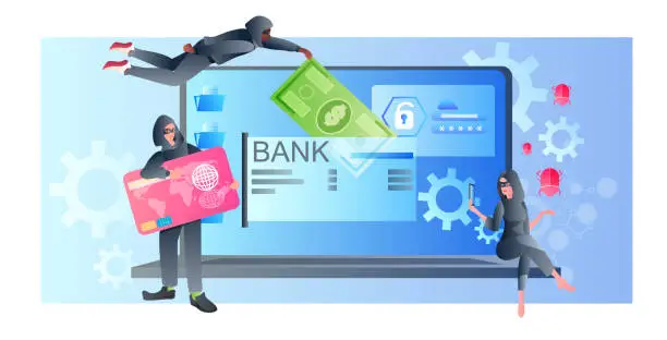 Vector illustration of hackers breaking online banking app robbers in masks stealing money internet wallet under attack bad protection