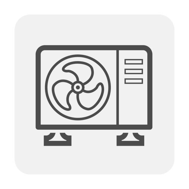 Condenser unit vector icon design. Condenser unit or compressor vector icon. Outside part of air conditioner (AC) or air conditioning HVAC system. Temperature control technology to heat ventilation by fan for cooling home or building. heat transfer fluid stock illustrations