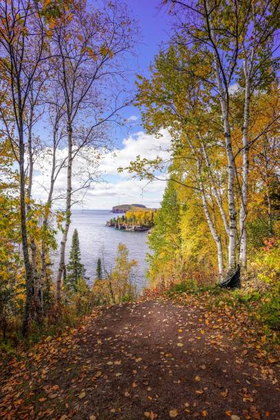Distant View of Palisade Head from Tettegouche State Park along Lake Superior in Northern Minnesota stock photo