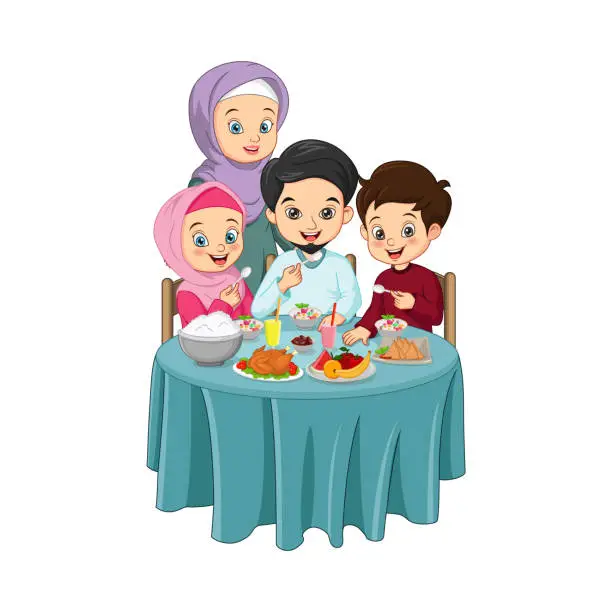 Vector illustration of Muslim family having delicious iftar food together