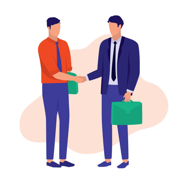 ilustraciones, imágenes clip art, dibujos animados e iconos de stock de hombre de negocios estrechando la mano. concepto de asociación comercial. ilustración vectorial dibujos animados planos. - businessman two people business person handshake