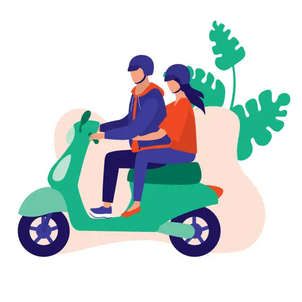 Vector illustration of Young Couple Riding Scooter Together. Dating And Transportation Concept. Vector Flat Cartoon Illustration.