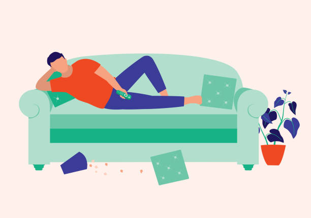 Lazy Man On Sofa. Mood And Lifestyles Concept. Vector Illustration Flat Cartoon. Young Man Lying Down On Couch Watching TV. lazy stock illustrations