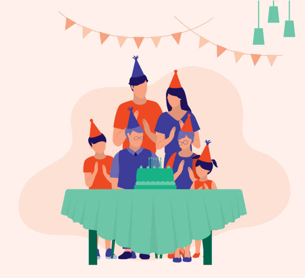 Grandfather Celebrates Birthday With His Family. Celebration Concept. Vector Flat Cartoon Illustration. Family Clapping Hands While Singing Birthday Songs. hispanic family stock illustrations