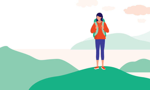 Young Woman With Backpack Hiking Alone In Mountains. Travelling Solo Concept. Vector Illustration Flat Cartoon. Young Female Traveller Standing On Top The Mountain Peak. adventure clipart stock illustrations